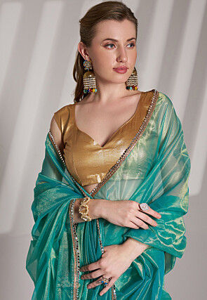 Lace Border Net Saree in Teal Blue