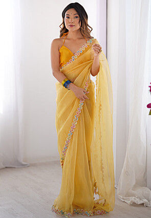 Lace Border Organza Saree in Light Yellow