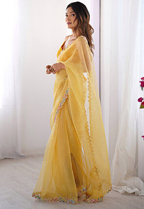 Lace Border Organza Saree in Light Yellow