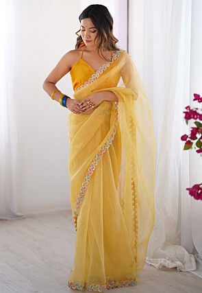 Lace Border Organza Saree in Light Yellow