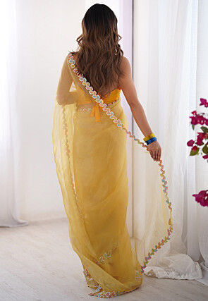 Lace Border Organza Saree in Light Yellow