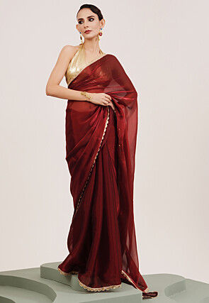 Lace Border Organza Saree in Maroon