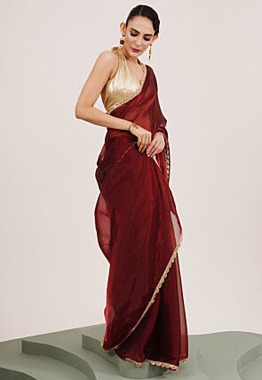 Lace Border Organza Saree in Maroon