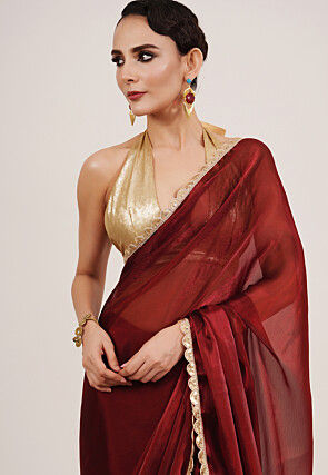 Lace Border Organza Saree in Maroon