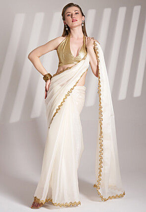 Lace Border Organza Saree in Off White