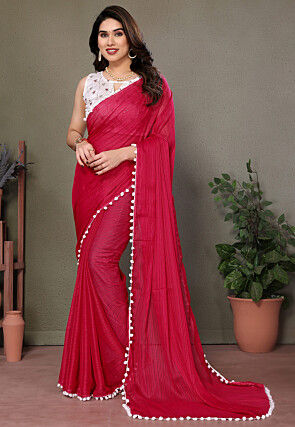 Lace Border Polyester Saree in Fuchsia