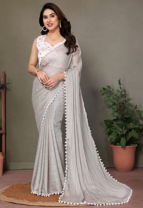 Lace Border Polyester Saree in Grey