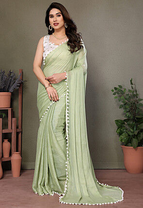 Lace Border Polyester Saree in Pastel Green