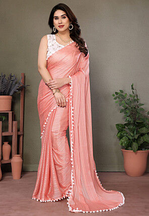 Lace Border Polyester Saree in Peach