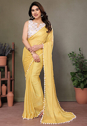 Lace Border Polyester Saree in Yellow