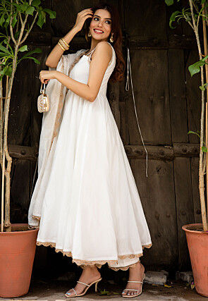 Lace Border Pure Chanderi Silk Anarkali Suit in White