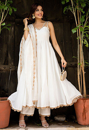 Lace Border Pure Chanderi Silk Anarkali Suit in White
