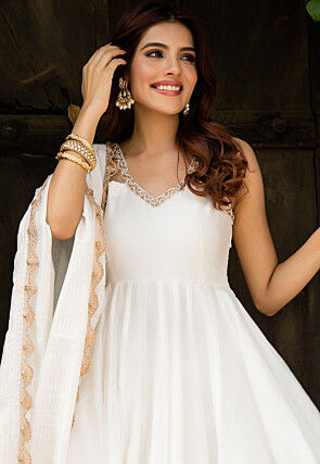 Lace Border Pure Chanderi Silk Anarkali Suit in White