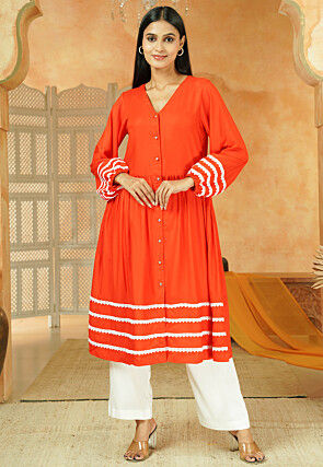 Lace Border Rayon A Line Kurta Set in Orange