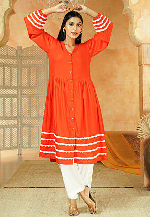 Lace Border Rayon A Line Kurta Set in Orange