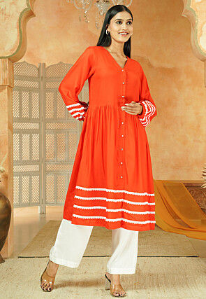 Lace Border Rayon A Line Kurta Set in Orange