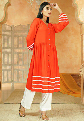 Lace Border Rayon A Line Kurta Set in Orange
