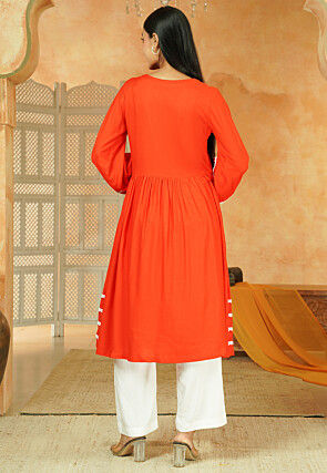 Lace Border Rayon A Line Kurta Set in Orange