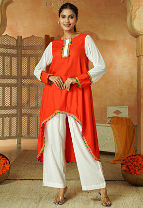Lace Border Rayon Asymmetric Kurta Set in Orange