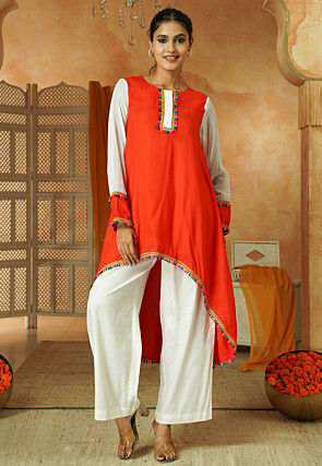 Lace Border Rayon Asymmetric Kurta Set in Orange