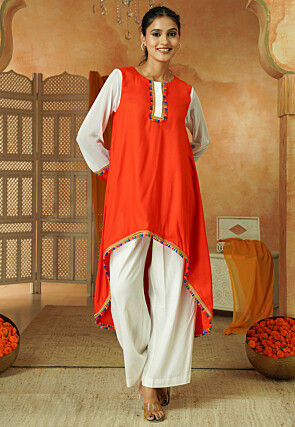 Lace Border Rayon Asymmetric Kurta Set in Orange