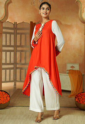 Lace Border Rayon Asymmetric Kurta Set in Orange