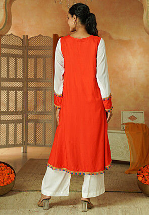 Lace Border Rayon Asymmetric Kurta Set in Orange