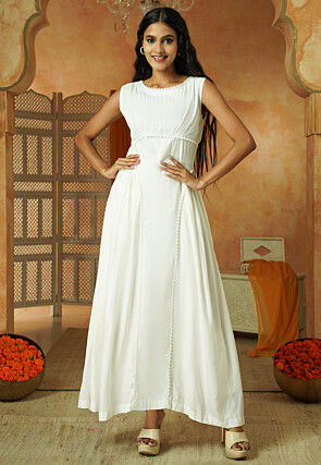 Lace Border Rayon Maxi Dress in White