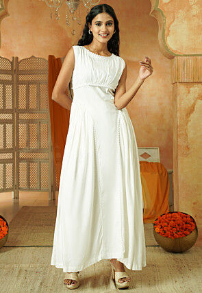 Lace Border Rayon Maxi Dress in White