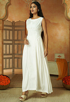 Lace Border Rayon Maxi Dress in White