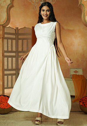 Lace Border Rayon Maxi Dress in White