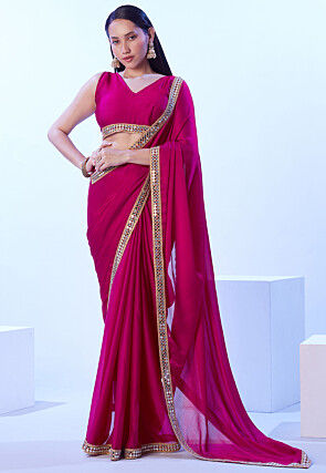 Lace Border Satin Chiffon Saree in Fuschia