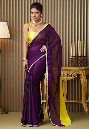 Lace Border Satin Georgette Saree in Dark Purple