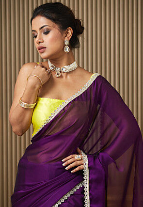 Lace Border Satin Georgette Saree in Dark Purple