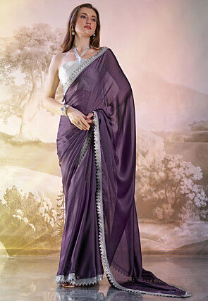 Lace Border Satin Georgette Saree in Purple