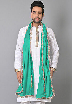 Lace Border Satin Men Dupatta in Sea Green
