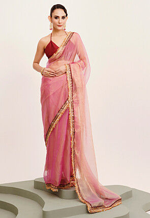 Lace Border Tissue Saree in Pink