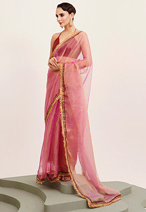 Lace Border Tissue Saree in Pink