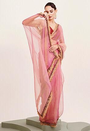 Lace Border Tissue Saree in Pink