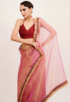 Lace Border Tissue Saree in Pink