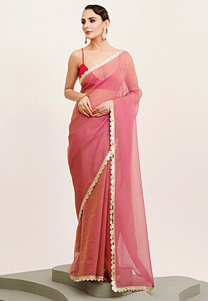Lace Border Tissue Saree in Pink