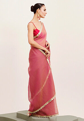 Lace Border Tissue Saree in Pink