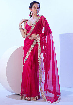 Lace Border Tissue Scalloped Saree in Fuchsia