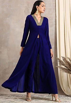 Lace Border Velvet Front Slit Kurta in Royal Blue