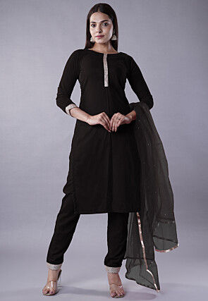 Lace Border Velvet Pakistani Suit in Black