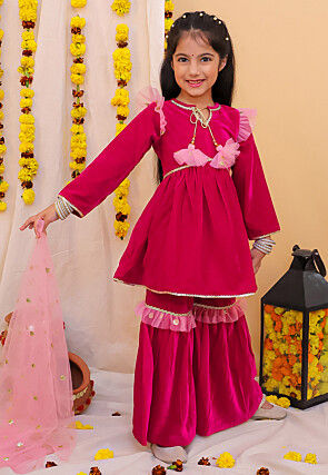 Lace Border Velvet Pakistani Suit in Fuchsia