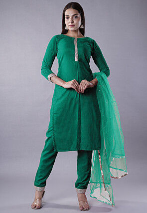 Lace Border Velvet Pakistani Suit in Green