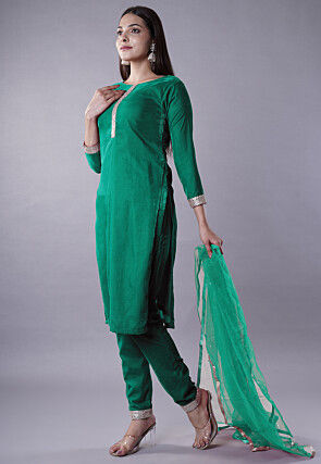 Lace Border Velvet Pakistani Suit in Green