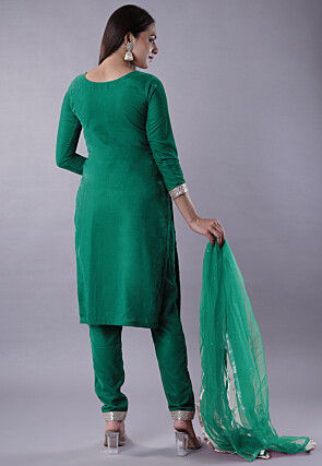 Lace Border Velvet Pakistani Suit in Green