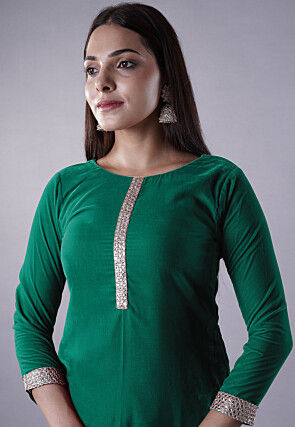 Lace Border Velvet Pakistani Suit in Green